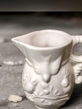Vintage Mini 2.5" Pottery Pitcher with Raised Bird Design White Cottage Core